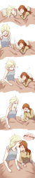 Rule 34 | 2girls, absurdres, anna (frozen), artist name, blonde hair, blue eyes, blush, brown hair, comic, elsa (frozen), english text, freckles, frozen (disney), heart, highres, long hair, long image, messy hair, multiple girls, one eye closed, pajamas, siblings, sisters, sleeping, sleepy, smile, tall image, tank top, under covers, white background, xiao lu