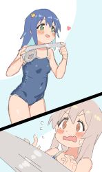 Rule 34 | 2girls, :d, @ @, absurdres, aqua hair, bare arms, bare shoulders, blue hair, blue one-piece swimsuit, blush stickers, breasts, colored inner hair, commentary, covered navel, duct tape, flying sweatdrops, green eyes, grey hair, hair ornament, hairclip, heart, highres, karubi (karubi465558), long hair, multicolored hair, multiple girls, new school swimsuit, one-piece swimsuit, onii-chan wa oshimai!, open mouth, oyama mahiro, school swimsuit, simple background, sketch, small breasts, smile, swimsuit, tenkawa nayuta, two-tone hair, wavy mouth, yellow eyes