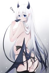 Rule 34 | !, 1girl, ass, bare shoulders, blue eyes, bow, conconcon1031, convenient arm, cowboy shot, demon girl, demon horns, demon tail, demon wings, from behind, garter belt, garter straps, gradient background, hair between eyes, highres, horns, long hair, looking at viewer, low wings, no bra, original, pointy ears, solo, tail, thighhighs, thong, very long hair, white background, white hair, wings