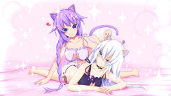 Rule 34 | 10s, 2girls, absurdres, all fours, alternate costume, animal ears, annoyed, ass, bare shoulders, barefoot, bikini, black heart (neptunia), blue eyes, blush, bra, braid, breasts, cat ears, cat girl, cat lingerie, cat tail, cleavage, cleavage cutout, clothing cutout, cundodeviant, female focus, green eyes, heart, highres, lingerie, long hair, lying, meme attire, multiple girls, nail polish, neptune (neptunia), neptune (series), noire (neptunia), purple hair, purple heart (neptunia), shiny skin, single braid, swimsuit, tail, thong, underwear, very long hair, white hair, yuri