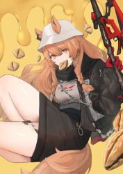 Rule 34 | 02 (0203rei ni), 1girl, animal ears, arknights, axe, black jacket, black scarf, black skirt, braid, brown eyes, brown hair, ceobe (arknights), ceobe (unfettered) (arknights), dog ears, dog girl, dog tail, ears through headwear, food, food in mouth, gloves, grey shirt, hair between eyes, holding, holding axe, holding weapon, jacket, long hair, looking at viewer, material growth, mouth hold, oripathy lesion (arknights), pastry, pencil skirt, red gloves, scarf, shirt, sitting, skirt, solo, tail, twin braids, underbust, weapon, white headwear