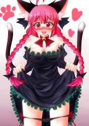 Rule 34 | 1girl, animal ears, bare shoulders, black panties, blush, bow, braid, cat ears, clothes lift, dress, dress lift, extra ears, heart, heart tail, kaenbyou rin, leon no neko, lifted by self, long hair, nekomata, off-shoulder dress, off shoulder, panties, panty pull, red hair, skirt, skirt lift, solo, tail, tongue, tongue out, touhou, twin braids, underwear