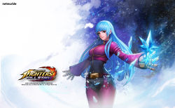 Rule 34 | 1girl, artist request, blue hair, bodysuit, breasts, chaps, closed mouth, cropped jacket, cryokinesis, floating, floating object, gloves, gradient background, highres, ice, jacket, kula diamond, lips, logo, long hair, long sleeves, looking at viewer, medium breasts, official art, red eyes, shiny clothes, shiny skin, simple background, skin tight, solo, the king of fighters, the king of fighters all-stars, zipper pull tab