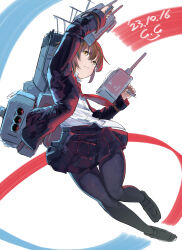 Rule 34 | 1girl, adapted turret, artillery, blazer, blush, brown eyes, brown hair, cannon, dated, full body, gegeron, hair ornament, highres, jacket, kantai collection, long sleeves, machinery, necktie, pantyhose, pleated skirt, red necktie, rigging, school uniform, shirt, short hair, signature, skirt, smokestack, solo, torpedo, torpedo launcher, torpedo tubes, turret, wakaba (kancolle), white background
