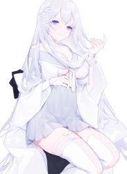 Rule 34 | 1girl, absurdres, blue eyes, breasts, bridal gauntlets, cleavage, closed mouth, collarbone, commentary request, dress, feet out of frame, flower, hair flower, hair ornament, hand up, highres, large breasts, long hair, looking at viewer, miyuki (miyuki0529), off shoulder, original, simple background, sitting, smile, solo, thighhighs, very long hair, white background, white dress, white flower, white hair, white thighhighs