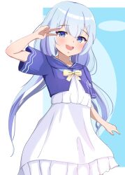 Rule 34 | 1girl, absurdres, amami ami, blue eyes, blue hair, bow, commission, dress, highres, jacket, knee up, knees up, long hair, looking at viewer, nose, open mouth, prism project, ribbon, simple background, teeth, v, virtual youtuber