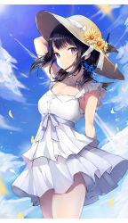 Rule 34 | 1girl, aircraft, airplane, arm up, black hair, blue sky, blunt bangs, blush, breasts, brown hat, bug, butterfly, cleavage, closed mouth, cloud, collarbone, contrail, cowboy shot, day, dress, flower, hat, hat flower, hat ornament, highres, insect, layered dress, long hair, looking at viewer, low twintails, medium breasts, original, outdoors, petals, purple eyes, sakippo (sakippo0), sidelocks, sky, sleeveless, sleeveless dress, smile, solo, sun hat, sunflower, twintails, white dress, yellow flower