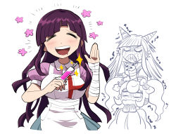 Rule 34 | 3girls, :d, apron, bandaged arm, bandages, black nails, blood, blunt bangs, blush, breasts, cat hair ornament, closed eyes, commentary request, cowboy shot, cropped torso, crying, danganronpa (series), danganronpa 2: goodbye despair, doodle, flower, furukawa (yomawari), hair horns, hair ornament, hand up, happy, highres, holding, large breasts, long hair, mioda ibuki, mole, mole under eye, multiple girls, nail polish, notice lines, nurse, open mouth, own hands clasped, own hands together, pink blood, pink shirt, puffy short sleeves, puffy sleeves, purple hair, saionji hiyoko, scared, shirt, short sleeves, simple background, skirt, smile, solo focus, spoilers, syringe, tsumiki mikan, white apron, white background