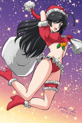 Rule 34 | 1girl, ahoge, arm behind head, arm up, artist name, bell, bikini, black eyes, black hair, boots, breasts, christmas, commentary, cropped jacket, floating, frilled bikini, frills, fur-trimmed jacket, fur trim, girls und panzer, gradient sky, hat, high heel boots, high heels, holding, holding sack, holly, isuzu hana, jacket, legs up, long hair, looking at viewer, matsui yasutsugu, medium breasts, navel, open mouth, over shoulder, red bikini, red footwear, red hat, red jacket, sack, santa bikini, santa boots, santa hat, short sleeves, signature, sky, smile, solo, star (sky), starry sky, swimsuit, thigh strap