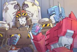 2boys arm_mounted_weapon blue_eyes cup energon helmet highres holding holding_cup humanoid_robot lantana0_0 machine mecha megatron multiple_boys no_humans orange_eyes orion_pax robot science_fiction the_transformers_(idw) transformers