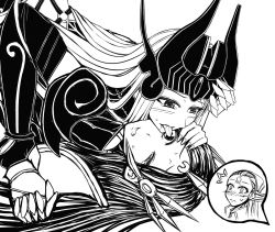Rule 34 | 2girls, armor, blush, diana (league of legends), ear protection, licking eye, forehead protector, greyscale, helmet, league of legends, leona (league of legends), licking, long hair, monochrome, multiple girls, oldlim, syndra, yuri