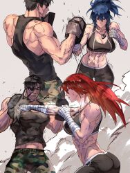 Rule 34 | 1girl, abs, bandaged hand, bandages, black hair, blue eyes, blue hair, breasts, camouflage, camouflage pants, dog tags, exercising, eyepatch, father and daughter, hair down, heidern, highres, large breasts, leona heidern, long hair, mature male, multiple views, muscular, muscular female, orochi leona, pants, ponytail, punching, red eyes, red hair, short hair, sports bra, steam, sweat, syachiiro, the king of fighters, training, very sweaty
