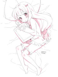 Rule 34 | 1girl, barefoot, bed sheet, blush, bow, dated, drawing tablet, eromanga sensei, frilled shirt, frills, from above, hair bow, izumi sagiri, kanya pyi, long hair, looking at viewer, looking up, low-tied long hair, lying, monochrome, on side, pajamas, parted lips, pillow, shirt, short shorts, shorts, sleeves past wrists, solo, very long hair