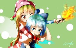 Rule 34 | 2girls, ;d, american flag dress, american flag shirt, blonde hair, blue dress, blue eyes, blue hair, bow, cirno, clownpiece, dress, fairy wings, glomp, green background, hair between eyes, hair bow, hand up, hat, hug, hug from behind, ice, ice wings, jester cap, long hair, long sleeves, looking at another, multiple girls, one eye closed, open mouth, outstretched arm, puffy short sleeves, puffy sleeves, red eyes, ribbon, shirt, short hair, short sleeves, signature, sleeveless, sleeveless dress, smile, torch, touhou, upper body, very long hair, wallpaper, welt (kinsei koutenkyoku), white shirt, wings