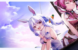 Rule 34 | 2girls, :d, absurdres, animal ear fluff, animal ears, bare shoulders, black leotard, blue hair, blue sky, bow, braid, brown leotard, carrot hair ornament, closed mouth, cloud, commentary request, covered navel, day, detached sleeves, don-chan (usada pekora), dress, food-themed hair ornament, gloves, hair bow, hair ornament, has bad revision, has downscaled revision, highres, hiroikara (smhong04), holding, hololive, houshou marine, leotard, leotard under clothes, looking at viewer, md5 mismatch, multicolored hair, multiple girls, one eye closed, open mouth, outdoors, pleated skirt, puffy short sleeves, puffy sleeves, rabbit ears, red eyes, red shirt, red skirt, resolution mismatch, shirt, short eyebrows, short sleeves, skirt, sky, sleeveless, sleeveless shirt, smile, source smaller, spyglass, strapless, strapless dress, strapless leotard, teeth, thick eyebrows, twin braids, twintails, two-tone hair, upper teeth only, usada pekora, usada pekora (1st costume), virtual youtuber, white bow, white dress, white gloves, white hair, white sleeves