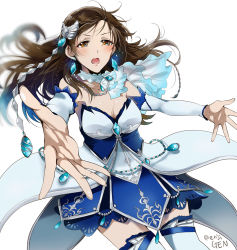 Rule 34 | 10s, 1girl, braid, breasts, brown eyes, brown hair, cleavage, detached sleeves, dress, gen (enji), idolmaster, idolmaster cinderella girls, idolmaster cinderella girls starlight stage, long hair, nitta minami, open mouth, outstretched arms, simple background, solo, thighhighs, twin braids