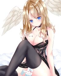 Rule 34 | 1girl, bare arms, bare shoulders, bed sheet, black dress, black thighhighs, blue eyes, blush, breasts, brown hair, cleavage, closed mouth, collarbone, dress, eunie (xenoblade), feathered wings, feet out of frame, hair between eyes, head wings, highres, knee up, large breasts, long hair, looking at viewer, mondo (xenoblade 3), nanase nao, simple background, sitting, sleeveless, sleeveless dress, solo, thighhighs, white background, white wings, wings, xenoblade chronicles (series), xenoblade chronicles 3