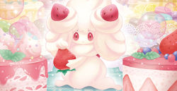 Rule 34 | alcremie, alcremie (strawberry sweet), alcremie (vanilla cream), cake, commentary, creature, creatures (company), english commentary, food, food focus, fruit, full body, game freak, gen 8 pokemon, holding, holding food, holding fruit, looking at viewer, macaron, mizue, nintendo, no humans, official art, pokemon, pokemon (creature), pokemon tcg, red eyes, solo, standing, strawberry, third-party source