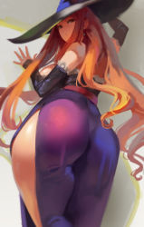 Rule 34 | 1girl, ass, bare shoulders, brown eyes, brown hair, curvy, detached sleeves, dragon&#039;s crown, dress, earrings, from behind, hand on wall, hat, jewelry, kazo (kazozakazo), looking at viewer, side slit, sorceress (dragon&#039;s crown), strapless, strapless dress, thick thighs, thighs, witch hat