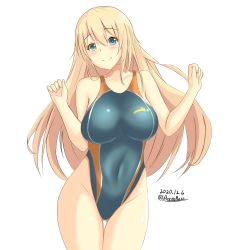 Rule 34 | 1girl, alternate costume, atago (kancolle), blonde hair, blue one-piece swimsuit, blush, breasts, collarbone, competition swimsuit, covered navel, cowboy shot, dated, gluteal fold, green eyes, hair between eyes, highres, kantai collection, large breasts, long hair, looking at viewer, montemasa, one-hour drawing challenge, one-piece swimsuit, simple background, smile, solo, swimsuit, white background, yellow one-piece swimsuit
