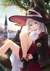 Rule 34 | 1girl, absurdres, ankle boots, azuuru, bare legs, bare shoulders, black cloak, black coat, black footwear, black hat, boots, broom, building, city, cloak, coat, cover image, day, elaina (majo no tabitabi), emblem, hair between eyes, hand on own knee, hat, highres, in tree, knees up, legs, light blush, long hair, long sleeves, looking at viewer, majo no tabitabi, novel illustration, off shoulder, official art, open mouth, outdoors, pointy footwear, purple eyes, red skirt, ribbed sweater, second-party source, sidelocks, silver hair, sitting, skirt, sleeveless, sleeveless turtleneck, smile, solo, sunlight, sweater, textless version, tree, turtleneck, upskirt, witch, witch hat