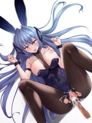 Rule 34 | 1boy, 1girl, ?, animal ears, arm strap, ass, azur lane, bare shoulders, black pantyhose, blue eyes, blue hair, bodystocking, breasts, breasts out, censored, cleavage, clothing aside, cum, cum in pussy, cum on clothes, fake animal ears, from above, headgear, heart, heart-shaped pupils, hetero, highres, holding another&#039;s wrist, large breasts, leotard, leotard aside, long hair, lying, m legs, mosaic censoring, nail polish, new jersey (azur lane), new jersey (exhilarating steps!) (azur lane), nipples, official alternate costume, on back, pantyhose, penis, playboy bunny, purple leotard, rabbit ears, see-through, shenqi (toid310), skin tight, solo focus, strapless, strapless leotard, symbol-shaped pupils, taut clothes, tongue, tongue out, torn bodystocking, torn clothes, torn legwear, very long hair, white background, white nails, wrist cuffs