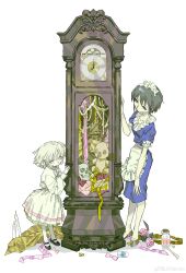 Rule 34 | 2girls, absurdres, apron, black footwear, bow, candle, clock, closed mouth, dress, frilled shirt collar, frills, full body, grandfather clock, grey hair, hand up, high heels, highres, jar, jwannn, long sleeves, looking at viewer, maid headdress, mary janes, multiple girls, original, pink bow, pink eyes, pink ribbon, purple dress, purple eyes, ribbon, shoes, short hair, simple background, skull, standing, stuffed animal, stuffed toy, teddy bear, white apron, white background, white dress, white hair, yellow footwear, yellow ribbon