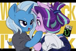 2girls alternate_hairstyle animal_ears aqua_hair blue_hair blue_skin blush can colored_skin furry furry_female grey_sweater hairstyle_request hand_on_another&#039;s_face highres hooves horns horse_ears letterboxed long_hair mamechi_(potetecyu_to) multicolored_hair multiple_girls my_little_pony my_little_pony:_friendship_is_magic open_mouth personification purple_eyes purple_hair purple_skin shirt single_horn smile starlight_glimmer streaked_hair sweater trixie_lulamoon turtleneck turtleneck_sweater unicorn_girl watch white_shirt wristwatch yuri