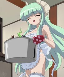 Rule 34 | 00s, 1girl, apron, armpits, bad food, breasts, cleavage, closed eyes, cooking, cooking pot, falce, frills, green hair, happy, highres, horns, long hair, magician&#039;s academy, medium breasts, naked apron, non-web source, oven mitts, panties, solo, thighhighs, underwear, very long hair, white panties