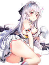 Rule 34 | 1girl, adapted costume, anger vein, ass, bare shoulders, blush, bow, breasts, bridal garter, commentary, girls&#039; frontline, hair between eyes, hair bow, hair ornament, hair ribbon, hairclip, holding, iws 2000 (girls&#039; frontline), kneehighs, large breasts, long hair, looking at viewer, maid headdress, multi-tied hair, narae, pleated skirt, red eyes, ribbon, sideboob, sidelocks, silver hair, simple background, skindentation, skirt, socks, solo, thighs, white background, white skirt