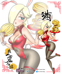 Rule 34 | 1girl, absurdres, animal ears, artist name, bare shoulders, blonde hair, blue eyes, breasts, chinese clothes, cleavage, cleavage cutout, closed mouth, clothing cutout, coin, covered navel, fake animal ears, full body, hair over one eye, highres, holding, holding tray, leotard, lips, long hair, mario (series), medium breasts, navel cutout, nintendo, rabbit ears, red footwear, red leotard, rosalina, sasa tseng, simple background, sleeveless, solo, standing, super mario galaxy, tray, white background, wrist cuffs, zoom layer