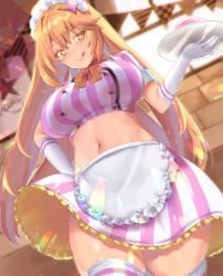 Rule 34 | + +, 1girl, absurdres, apron, bishooji, blonde hair, blush, breasts, cropped shirt, cup, elbow gloves, gloves, hair ornament, highres, holding, holding plate, indoors, large breasts, licking lips, lips, long hair, looking at viewer, maid apron, maid headdress, midriff, navel, plate, shokuhou misaki, short sleeves, skirt, smile, solo, stomach, symbol-shaped pupils, thighhighs, toaru kagaku no railgun, toaru majutsu no index, tongue, tongue out, white gloves, white thighhighs, yellow eyes