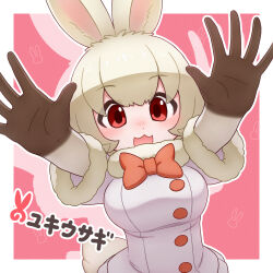 Rule 34 | 1girl, animal ears, arms up, bow, bowtie, coat, da (bobafett), extra ears, gloves, kemono friends, looking at viewer, mountain hare (kemono friends), pink background, rabbit ears, rabbit girl, rabbit tail, red eyes, short hair, simple background, skirt, solo, tail, upper body, white coat, white hair, white skirt