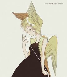 Rule 34 | 1girl, black dress, black eyes, blonde hair, breasts, dress, english text, expressionless, feathered wings, highres, medium breasts, nail polish, original, profile, simple background, solo, toktin zq, upper body, white background, white nails, wings