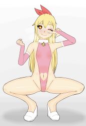 Rule 34 | 1girl, absurdres, blonde hair, breasts, clothing cutout, cosplay, gloves, hair ribbon, heart, heart-shaped pupils, high heels, highres, kirisaki chitoge, kirisaki chitoge (cosplay), leotard, looking at viewer, mari gold, mole, mole under eye, navel, navel cutout, nisekoi, non-web source, one eye closed, orange eyes, original, pink leotard, ribbon, rong rong, shoes, small breasts, source request, squatting, symbol-shaped pupils, thick eyebrows, v, white footwear