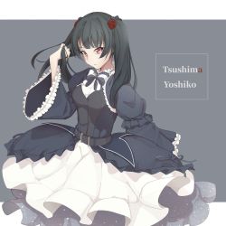 Rule 34 | 1girl, alternate hairstyle, belt, black hair, bow, bowtie, character name, dress, flower, frilled shirt collar, frilled sleeves, frills, gothic lolita, grey background, hair flower, hair ornament, hand in own hair, highres, komiyam a, letterboxed, lolita fashion, looking at viewer, love live!, love live! school idol festival, love live! sunshine!!, outside border, overskirt, purple eyes, red flower, red rose, rose, simple background, solo, striped bow, striped bowtie, striped clothes, striped neckwear, tsushima yoshiko, twintails, wide sleeves
