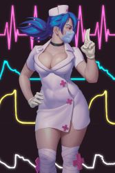 Rule 34 | + +, 1girl, ass, bandaged leg, bandages, blue hair, breasts, cardiogram, cleavage, commentary, english commentary, entheighth, eyepatch, full body, gloves, hair over one eye, hat, heartbeat, highres, large breasts, mask, mouth mask, nurse, nurse cap, one-eyed, ponytail, profile, red eyes, skullgirls, standing, surgical mask, thighs, valentine (skullgirls), white footwear, white gloves