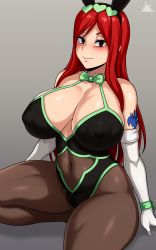Rule 34 | 1girl, absurdres, animal ears, arm support, arm tattoo, bow, bowtie, breasts, cleavage, commentary, covered erect nipples, elbow gloves, erza scarlet, fairy tail, gloves, grey background, heart, highres, jmg, large breasts, leotard, long hair, looking at viewer, mixed-language commentary, parted lips, playboy bunny, rabbit ears, rabbit tail, red hair, sitting, smile, tail, tattoo, teeth, twitter username, watermark