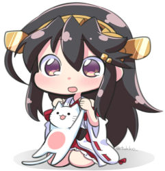 Rule 34 | 10s, 1girl, :3, bare shoulders, black hair, cat, chibi, detached sleeves, haruna (kancolle), headgear, kantai collection, long hair, nontraditional miko, open mouth, ribbon-trimmed sleeves, ribbon trim, simple background, solo, tsukko (3ki2ne10), twitter username, white background, wide sleeves