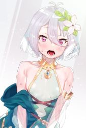 Rule 34 | 1girl, antenna hair, bare shoulders, flower, hair between eyes, hair flower, hair ornament, kokkoro (princess connect!), open mouth, pointy ears, princess connect!, red eyes, see-through, see-through sleeves, short hair, silver hair, solo, subachi, upper body
