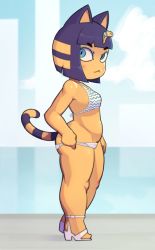 Rule 34 | 1girl, :&lt;, animal crossing, animal ears, ankha (animal crossing), bare legs, bare shoulders, bikini, bikini pull, blue eyes, blue hair, blunt bangs, blush, bob cut, breasts, cat ears, cat girl, cat tail, closed mouth, clothes pull, covered erect nipples, female focus, from side, furry, furry female, gluteal fold, groin, hair ornament, heels, light blush, looking to the side, nintendo, shiny skin, short hair, sideways glance, snake hair ornament, solo, standing, stomach, striped tail, swimsuit, ta777371, tail, thighs, white bikini, yellow fur