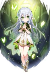 Rule 34 | 1girl, ahoge, alternate hairstyle, braid, bug, butterfly, cape, check commentary, child, commentary request, cross-shaped pupils, detached sleeves, dress, full body, genshin impact, gold trim, green background, green cape, green eyes, green sleeves, grey hair, hair between eyes, hair down, hair ornament, hands up, highres, insect, interlocked fingers, kekeke606, leaf hair ornament, legs, light blush, long hair, looking at viewer, nahida (genshin impact), parted lips, pointy ears, see-through cape, sleeveless, sleeveless dress, solo, stirrup legwear, symbol-shaped pupils, thighs, toeless footwear, toeless legwear, toes, wall, white dress, white footwear