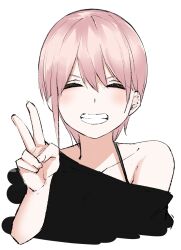 Rule 34 | 1girl, ^ ^, black shirt, blush, closed eyes, collarbone, commentary request, facing viewer, go-toubun no hanayome, grin, hand up, happy, highres, mame1645, nakano ichika, off shoulder, pink hair, shirt, short hair, simple background, sketch, smile, solo, straight-on, v, white background