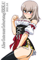 Rule 34 | 1girl, alternate costume, apron, birthday, black thighhighs, blue eyes, blush, character name, closed mouth, clothing cutout, commentary, dated, dirndl, dress, dress tug, embarrassed, frilled apron, frilled dress, frilled sleeves, frills, frown, garter straps, german clothes, girls und panzer, glaring, happy birthday, itsumi erika, lace-up, looking at viewer, medium hair, microdress, oosaka kanagawa, red apron, ribbon trim, shoulder cutout, silver hair, simple background, solo, standing, sweat, sweatdrop, thighhighs, thighs, translated, v-shaped eyes, waist apron, wavy mouth, white background