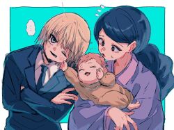 Rule 34 | 1boy, 2girls, baby, black eyes, black hair, black suit, blonde hair, blue background, crossed arms, eyelashes, formal, highres, holding, holding baby, hunter x hunter, kurapika, long hair, looking at viewer, mature female, mother and child, mother and daughter, multiple girls, necktie, oito hui guo rou, pinching, robe, short hair, smile, speech bubble, suit, sweatdrop, thicopoyo, woble hui guo rou