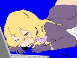 Rule 34 | 1girl, animated, animated gif, ass, blonde hair, bloomers, blue background, bow, braid, butt crack, clothed sex, computer, cookie (touhou), drooling, fang, frills, gloves, hairband, headphones, implied sex, kirisame marisa, laptop, long hair, long sleeves, microphone, no headwear, no headwear, orange eyes, rei (cookie), saliva, sex, simple background, solo, sorry carl, sweatdrop, top-down bottom-up, touhou, underwear
