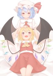 Rule 34 | 2girls, ascot, bat wings, blonde hair, blue hair, brooch, closed mouth, commentary request, flandre scarlet, half-closed eyes, hand on another&#039;s head, hat, hat ribbon, highres, jewelry, lap pillow, lying, mob cap, multiple girls, on back, open mouth, red eyes, red ribbon, red skirt, remilia scarlet, ribbon, sakurea, siblings, simple background, sisters, sitting, skirt, skirt set, smile, touhou, vest, white background, white hat, wings