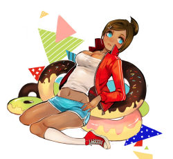 Rule 34 | 10s, 1girl, asahina aoi, blue eyes, breasts, brown hair, cleavage, danganronpa: trigger happy havoc, danganronpa (series), dark skin, dark-skinned female, doughnut, female focus, food, hair ornament, hairclip, large breasts, lips, midriff, navel, ponytail, pop1331, shoes, short shorts, shorts, sitting, sneakers, socks, solo, track suit