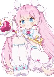 Rule 34 | 1girl, absurdres, aobahosino, blue bow, blue eyes, blush, bow, closed mouth, commentary request, dress, earrings, frilled dress, frills, frown, gloves, hair between eyes, hair bow, heart, heart earrings, heart wand, highres, holding, holding wand, jewelry, key, long hair, looking at viewer, magical girl, original, pink hair, puffy short sleeves, puffy sleeves, short sleeves, sitting, solo, twintails, very long hair, wand, white background, white bow, white dress, white gloves
