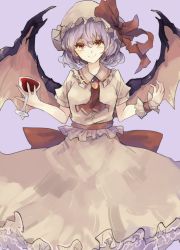 Rule 34 | 1girl, ascot, bat wings, bow, brooch, brown eyes, brown skirt, closed mouth, cup, drinking glass, grey background, hair between eyes, hat, hat bow, holding, jewelry, looking at viewer, mob cap, purple hair, red bow, remilia scarlet, short hair, short sleeves, simple background, skirt, skirt set, slit pupils, smile, solo, touhou, white hat, wine glass, wings, zairen